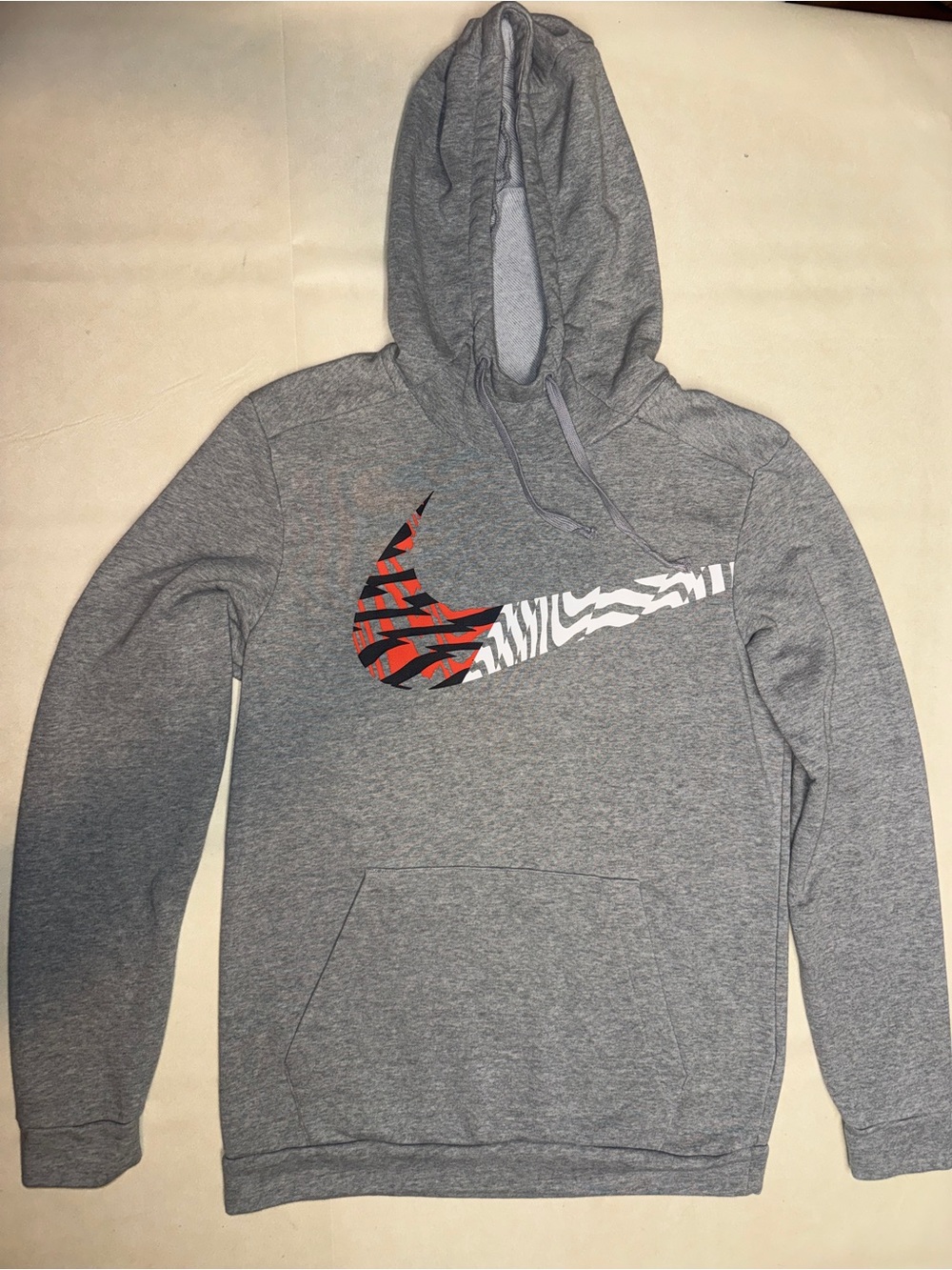 Nike Gray Hoodie with Red & White Patterned Swoosh